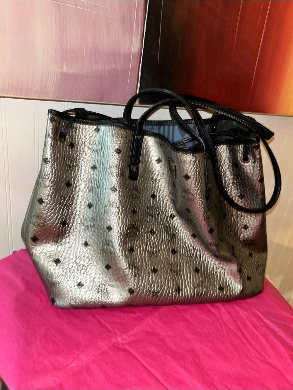 MCM Metallic Silver Tote with Black Trim